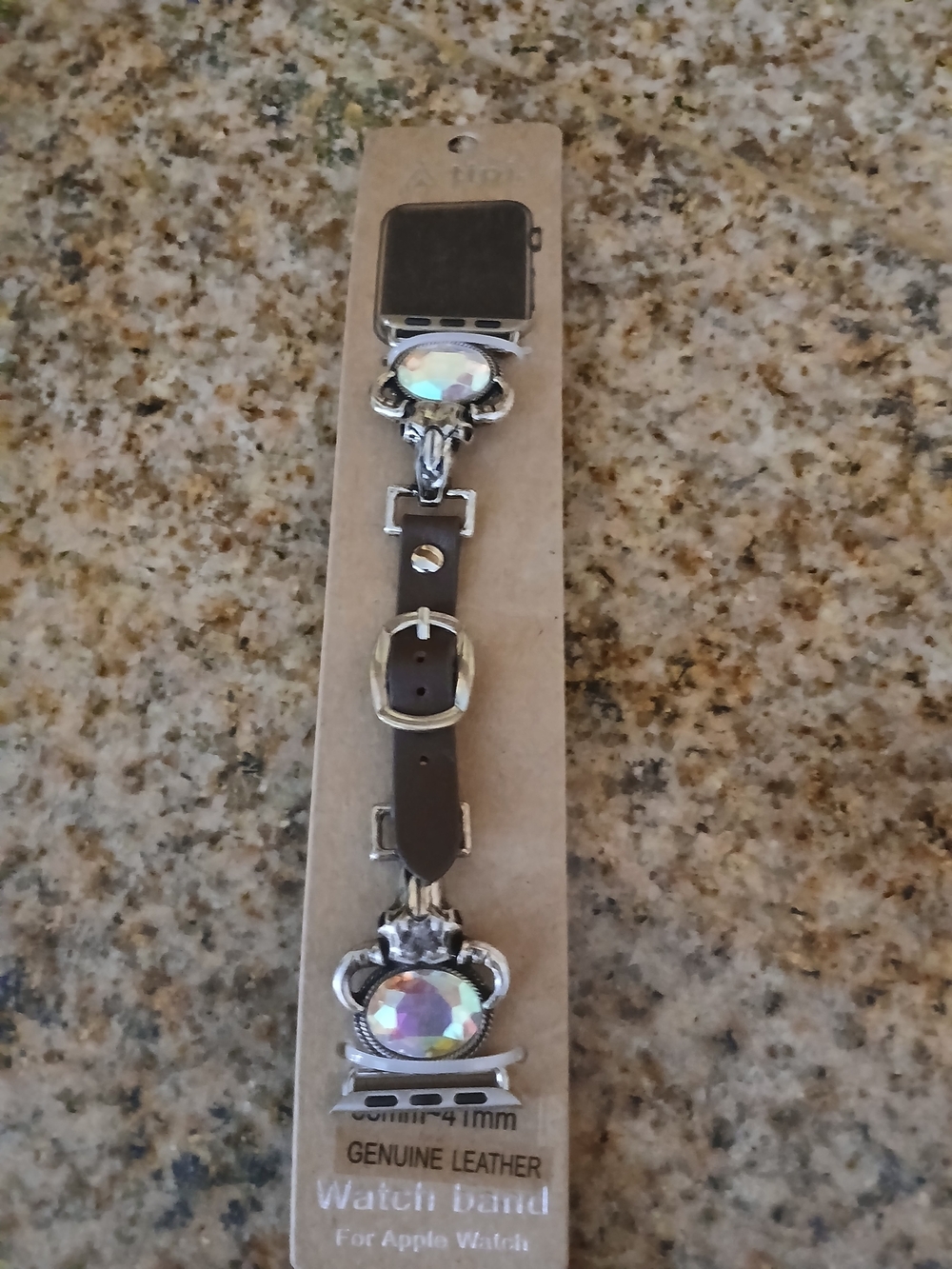Brown Leather Watch Band with Iridescent Crystal Accents